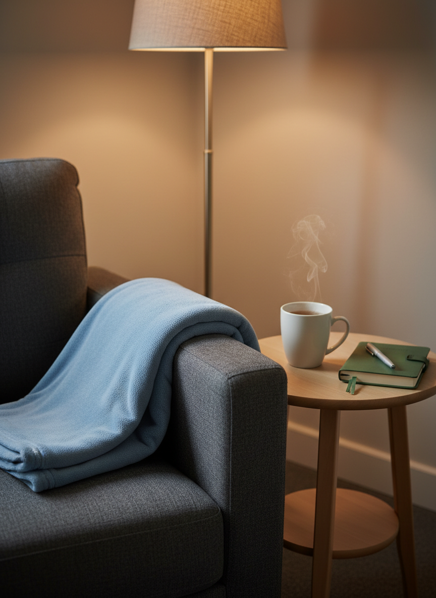 A close-up of a cozy corner in a small resource room, centered on a folded, heather-blue fleece blanket resting on the arm of a charcoal fabric armchair. A ceramic mug of herbal tea with faint steam sits on a round, light-oak side table along with a single, closed journal and a pen. In the softly blurred background, a tall floor lamp with a linen shade casts warm, diffused light that pools gently across the scene, creating subtle, comforting shadows. Shot from a slightly elevated angle in photographic realism, the composition emphasizes warmth, quiet support, and a safe space for grief, with muted, calming colors and a clean, professional aesthetic.