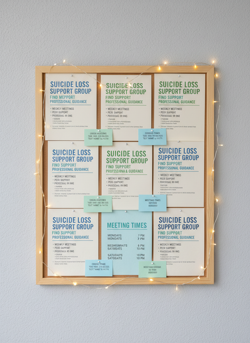 A wooden community bulletin board mounted on a softly textured, light-gray wall, filled with neatly pinned suicide loss support flyers and small, color-coded cards listing helplines and meeting times. Each paper has clear, legible typography and gentle, calming color palettes of blues and greens. A thin string of warm white fairy lights frames the board’s edges, unlit but visible. Natural overcast daylight enters from an unseen side window, providing even, shadow-free illumination. Captured straight-on with sharp focus across the board in photographic realism, the composition is clean and orderly, conveying organized community support, accessibility of resources, and a reassuring, professional atmosphere without visual clutter.